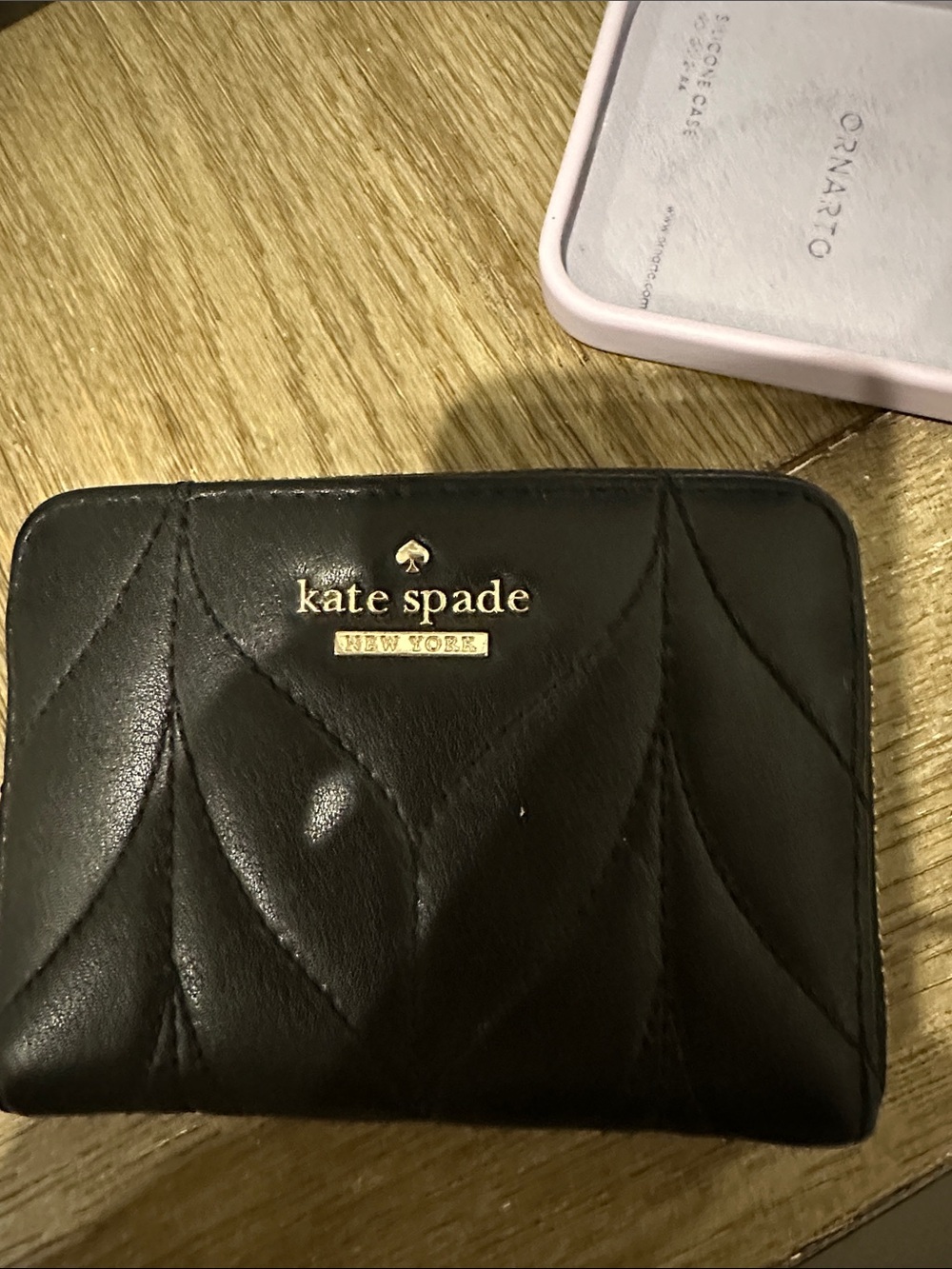 kate spade Black Quilted Leather wallet/keychain with Gold Logo